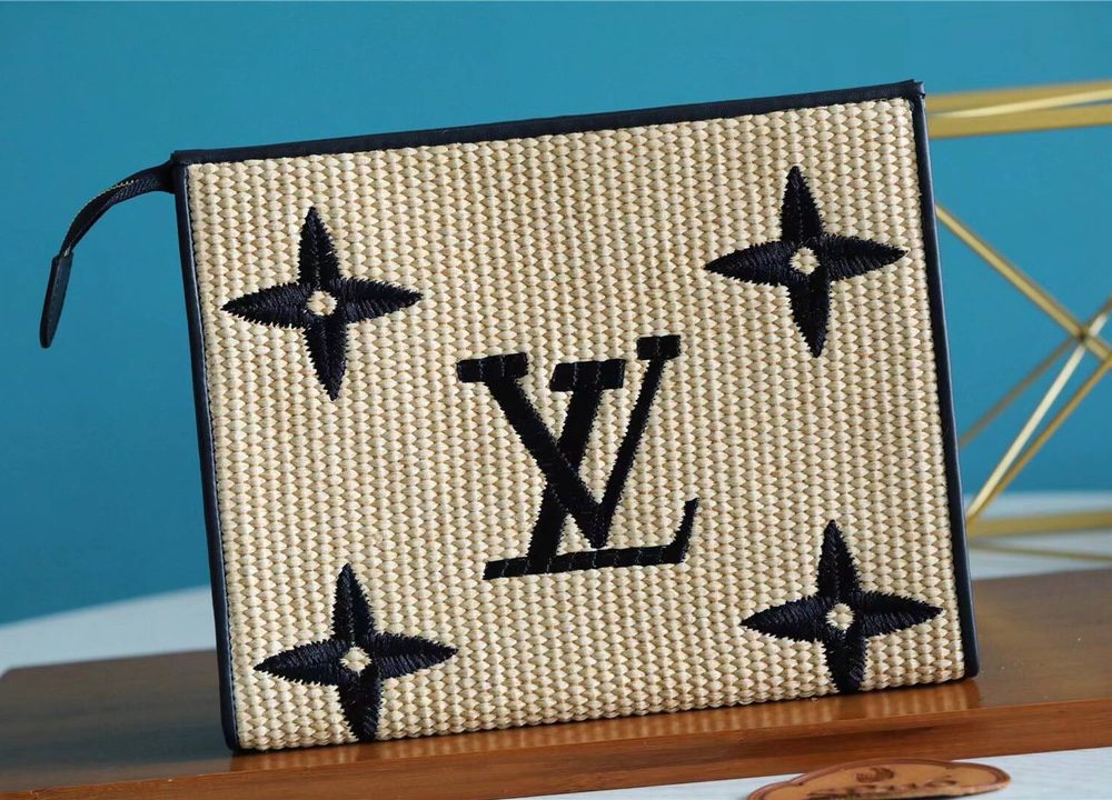 1:1 Replica Louis Vuitton Toiletry Pouch Raffia Natural /Black For Women, Women's Wallets 9.8in/25cm LV