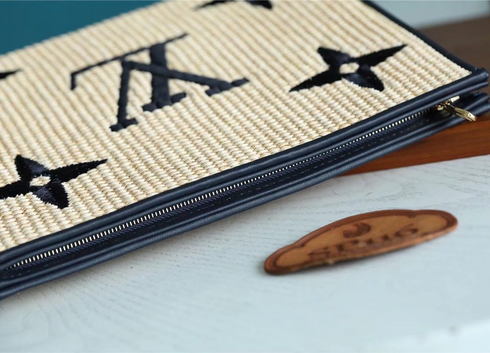 1:1 Replica Louis Vuitton Toiletry Pouch Raffia Natural /Black For Women, Women's Wallets 9.8in/25cm LV