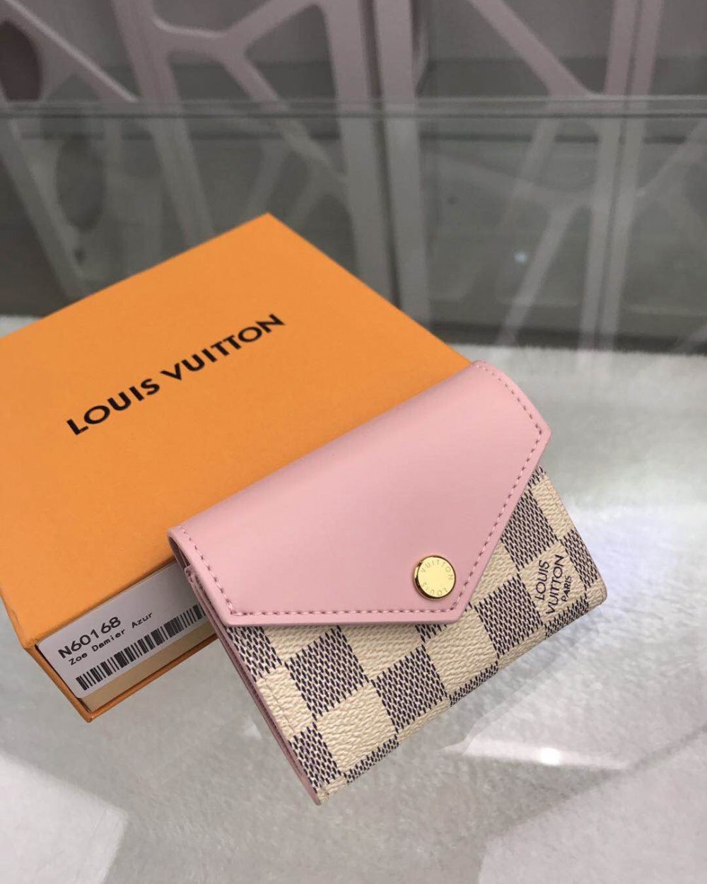 1:1 Replica Louis Vuitton Zóe Wallet Combines Damier Azur Canvas Rose Ballerine Pink For Women, Women's Wallet 10cm LV N60168
