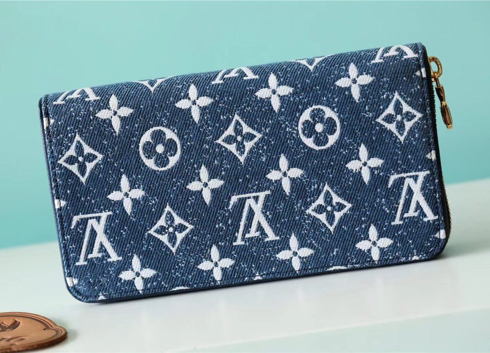1:1 Replica Louis Vuitton Zippy Wallet Monogram Jacquard Denim Navy Blue For Women, Women's Wallets 7.7in/19.5cm LV 