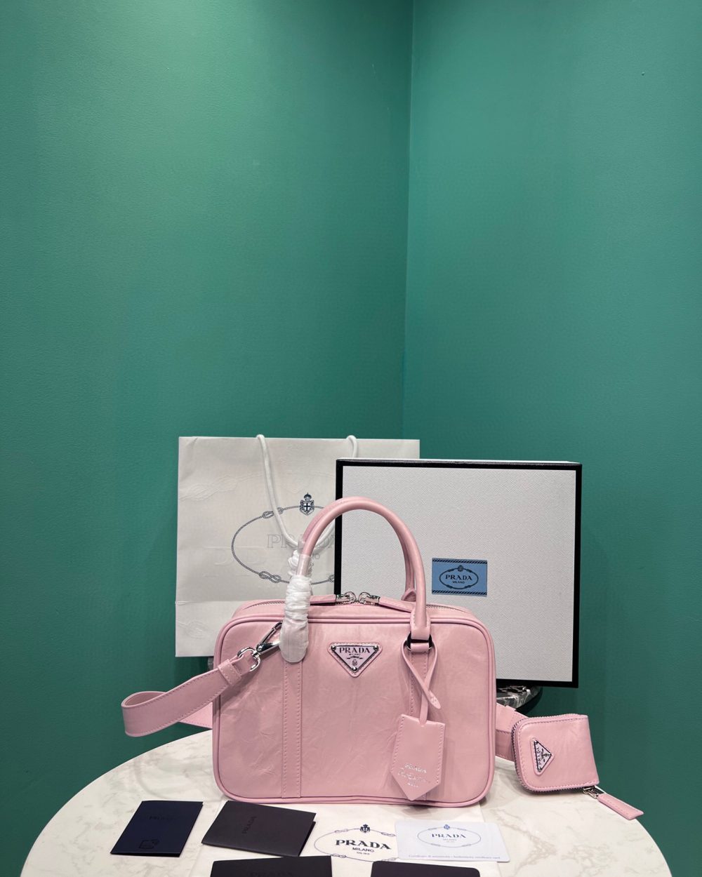 Medium Antique Nappa Top Handle Bag In Green/Pink For Women 9.5 in/ 24cm 1BB092_UVL_F0092_V_T2O