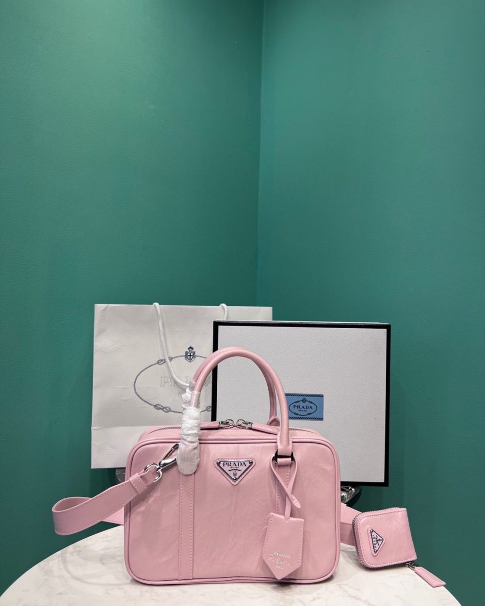 Medium Antique Nappa Top Handle Bag In Green/Pink For Women 9.5 in/ 24cm 1BB092_UVL_F0092_V_T2O