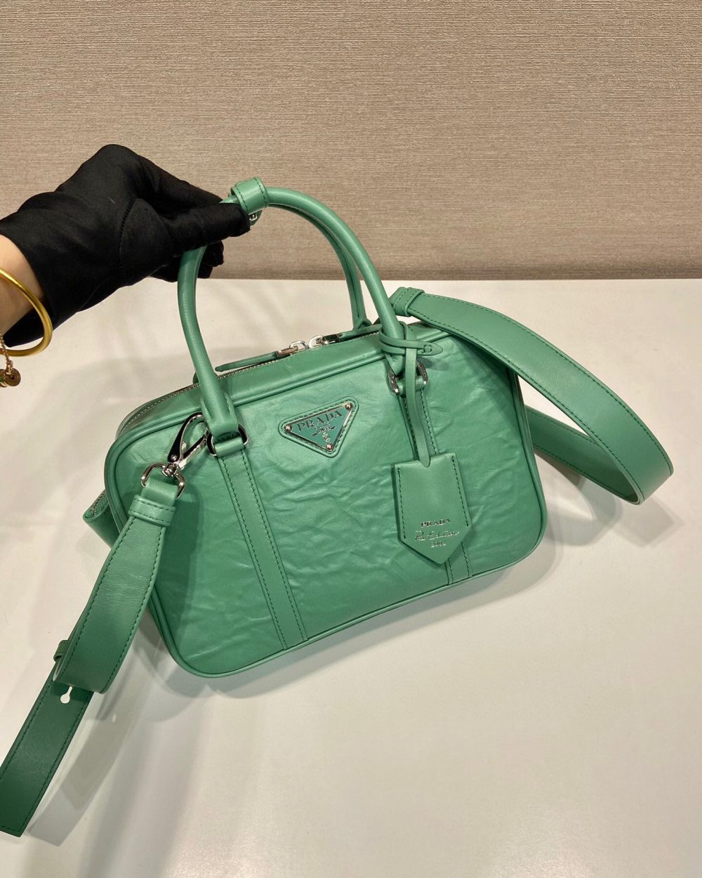 Medium Antique Nappa Top Handle Bag In Green/Pink For Women 9.5 in/ 24cm 1BB092_UVL_F0092_V_T2O