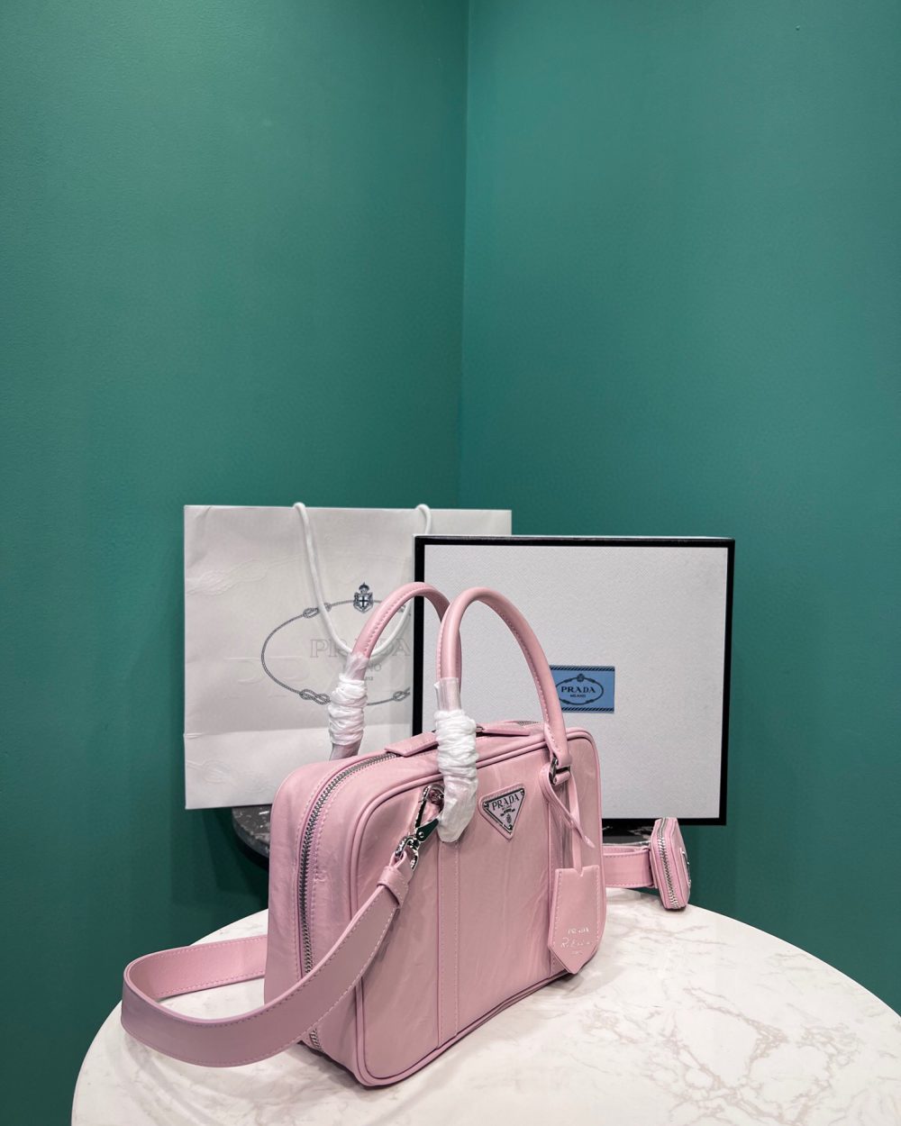 Medium Antique Nappa Top Handle Bag In Green/Pink For Women 9.5 in/ 24cm 1BB092_UVL_F0092_V_T2O