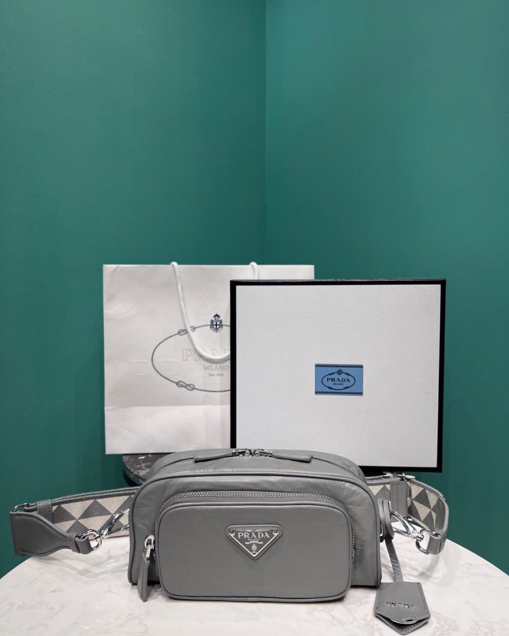 Nappa Antique Multi-Pocket Shoulder Bag In Grey/Black/Pink For Women 8.6 in/ 22cm 1BH198_UVL_F0480_V_4OO