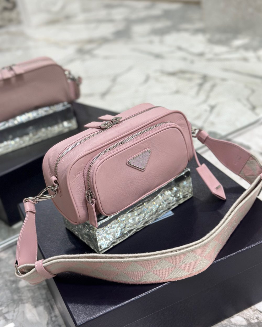 Nappa Antique Multi-Pocket Shoulder Bag In Grey/Black/Pink For Women 8.6 in/ 22cm 1BH198_UVL_F0480_V_4OO