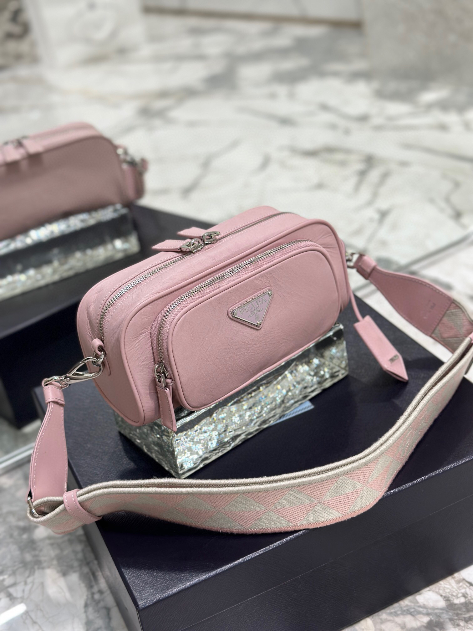 Nappa Antique Multi-Pocket Shoulder Bag In Grey/Black/Pink For Women 8.6 in/ 22cm 1BH198_UVL_F0480_V_4OO - Image 22