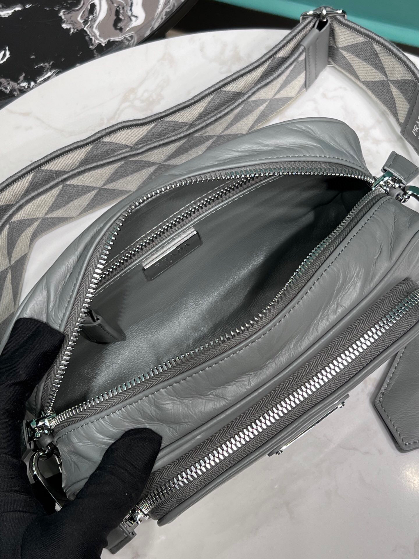 Nappa Antique Multi-Pocket Shoulder Bag In Grey/Black/Pink For Women 8.6 in/ 22cm 1BH198_UVL_F0480_V_4OO - Image 10