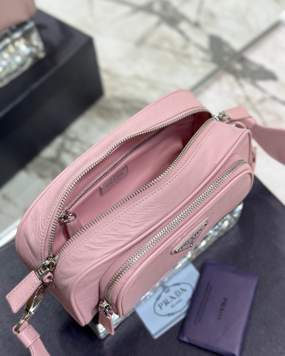 Nappa Antique Multi-Pocket Shoulder Bag In Grey/Black/Pink For Women 8.6 in/ 22cm 1BH198_UVL_F0480_V_4OO