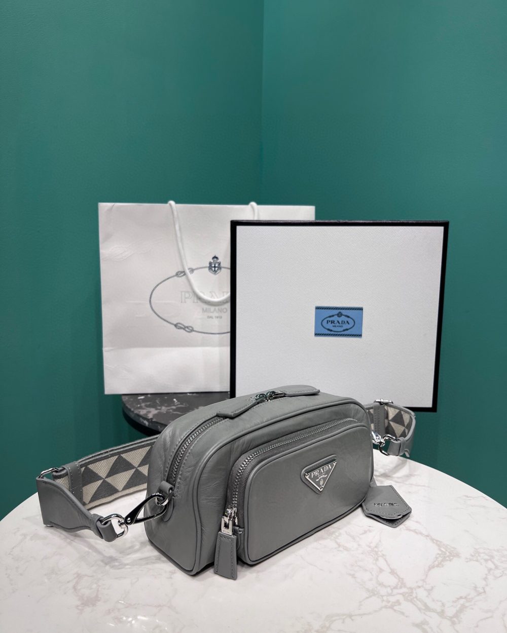 Nappa Antique Multi-Pocket Shoulder Bag In Grey/Black/Pink For Women 8.6 in/ 22cm 1BH198_UVL_F0480_V_4OO