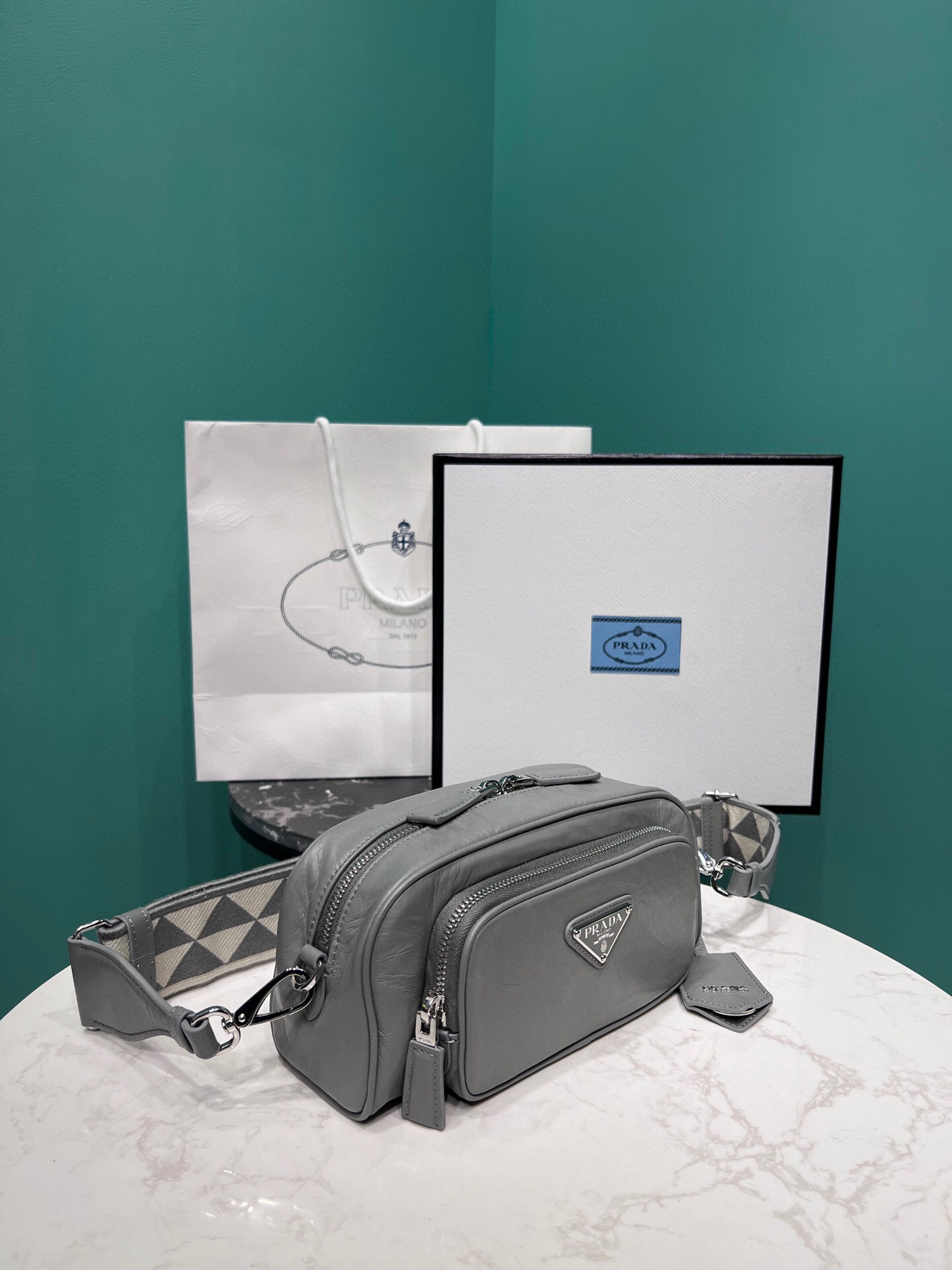 Nappa Antique Multi-Pocket Shoulder Bag In Grey/Black/Pink For Women 8.6 in/ 22cm 1BH198_UVL_F0480_V_4OO - Image 3