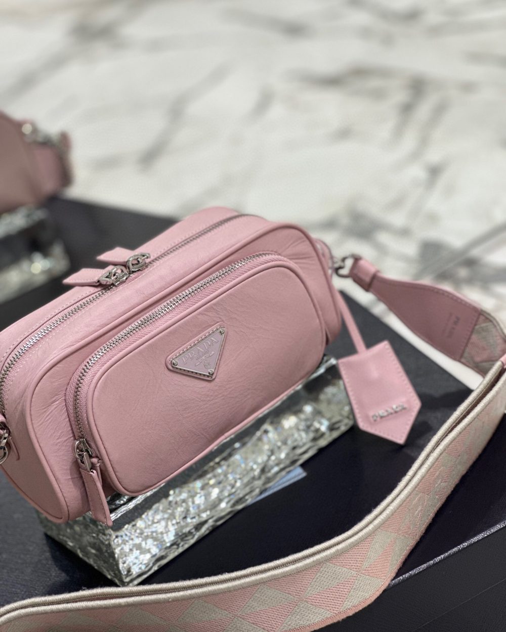 Nappa Antique Multi-Pocket Shoulder Bag In Grey/Black/Pink For Women 8.6 in/ 22cm 1BH198_UVL_F0480_V_4OO