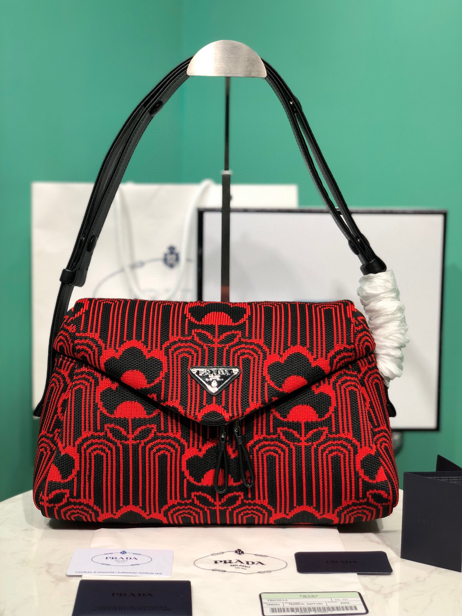 Padded Jacquard Prada Signaux Bag In Red For Women 13in/ 33cm - Image 11
