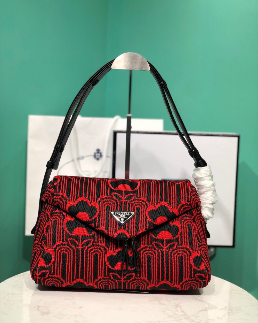 Padded Jacquard Prada Signaux Bag In Red For Women 13in/ 33cm