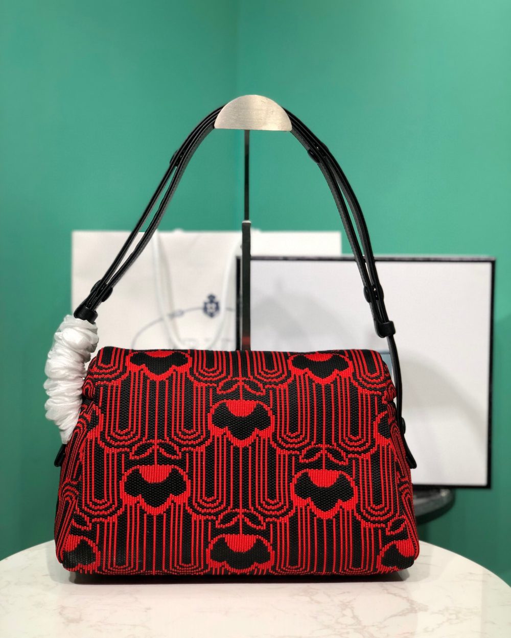 Padded Jacquard Prada Signaux Bag In Red For Women 13in/ 33cm