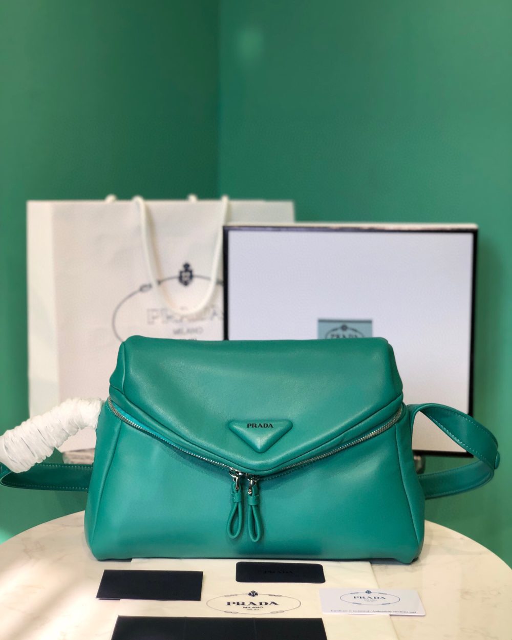 Padded Nappa Prada Signaux Bag In Green For Women 13in/ 33cm