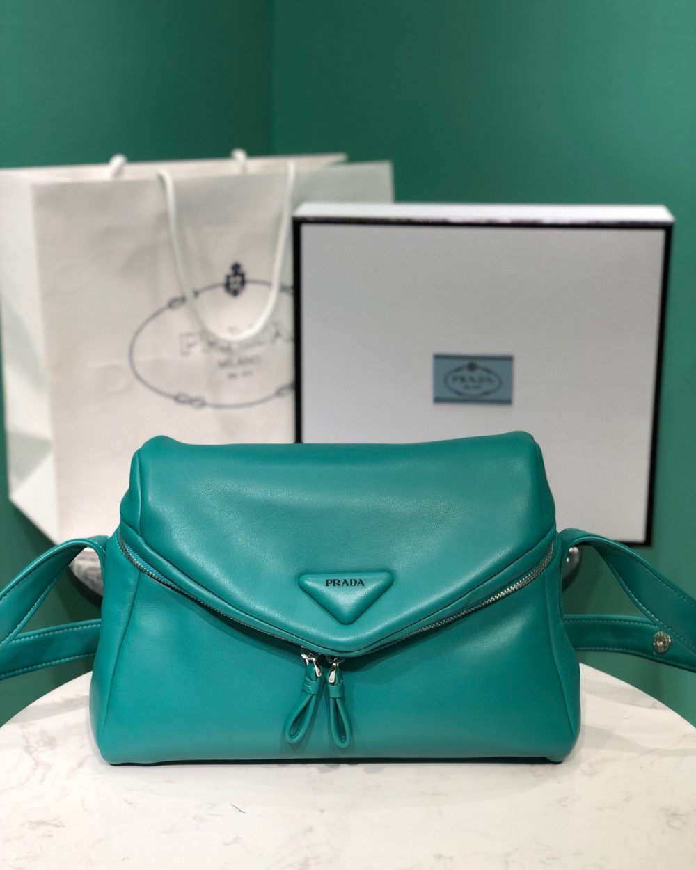 Padded Nappa Prada Signaux Bag In Green For Women 13in/ 33cm