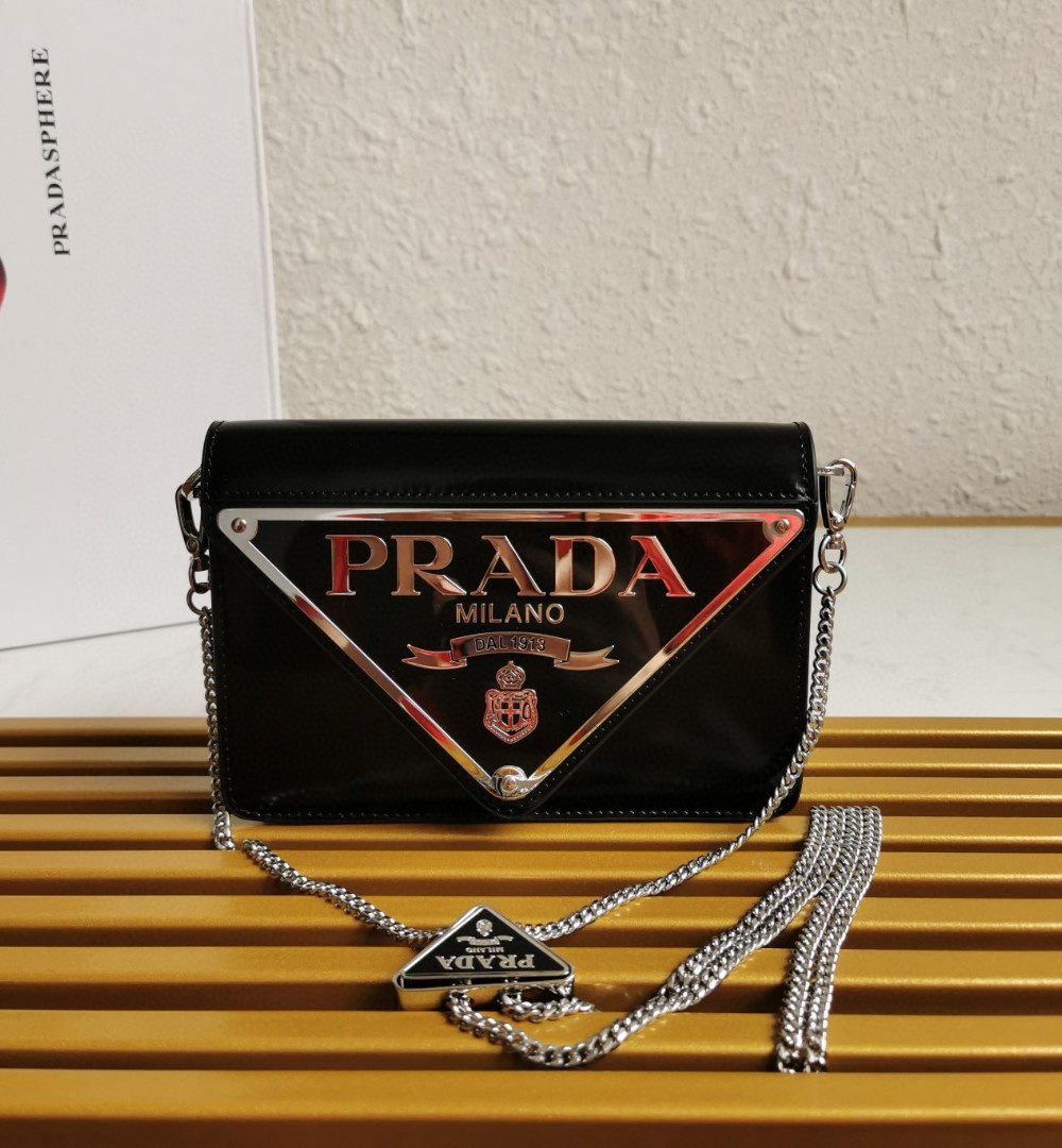 Prada Brushed Shoulder Bag Black For Women, Women's Bags 6.7in/17cm