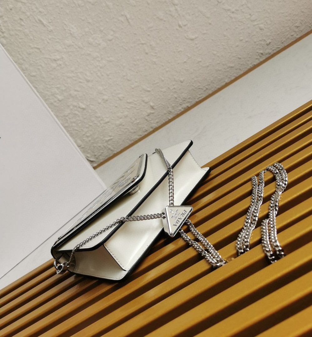 Prada Brushed Shoulder Bag White For Women, Women's Bags 6.7in/17cm