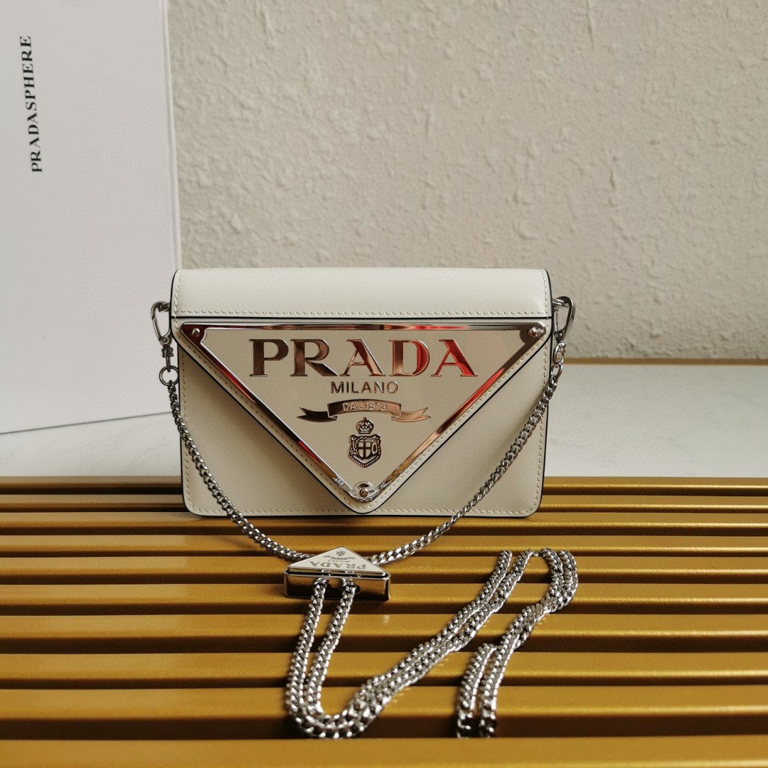 Prada Brushed Shoulder Bag White For Women, Women's Bags 6.7in/17cm
