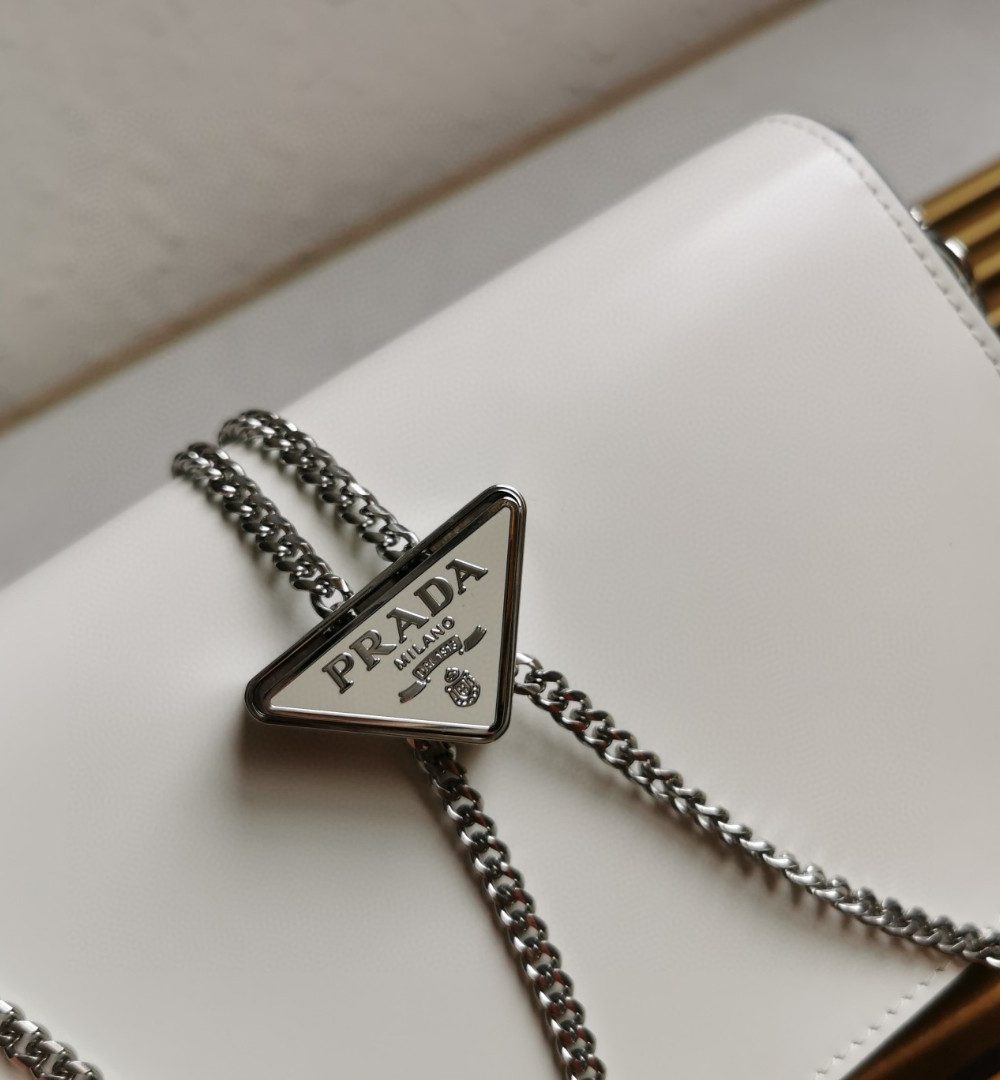 Prada Brushed Shoulder Bag White For Women, Women's Bags 6.7in/17cm