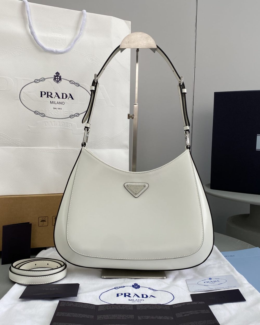 Prada Cleo Brushed Shoulder Bag White For Women, Women's Bags 11.8in/30cm 1BC156_ZO6_F0PG7_V_HOO