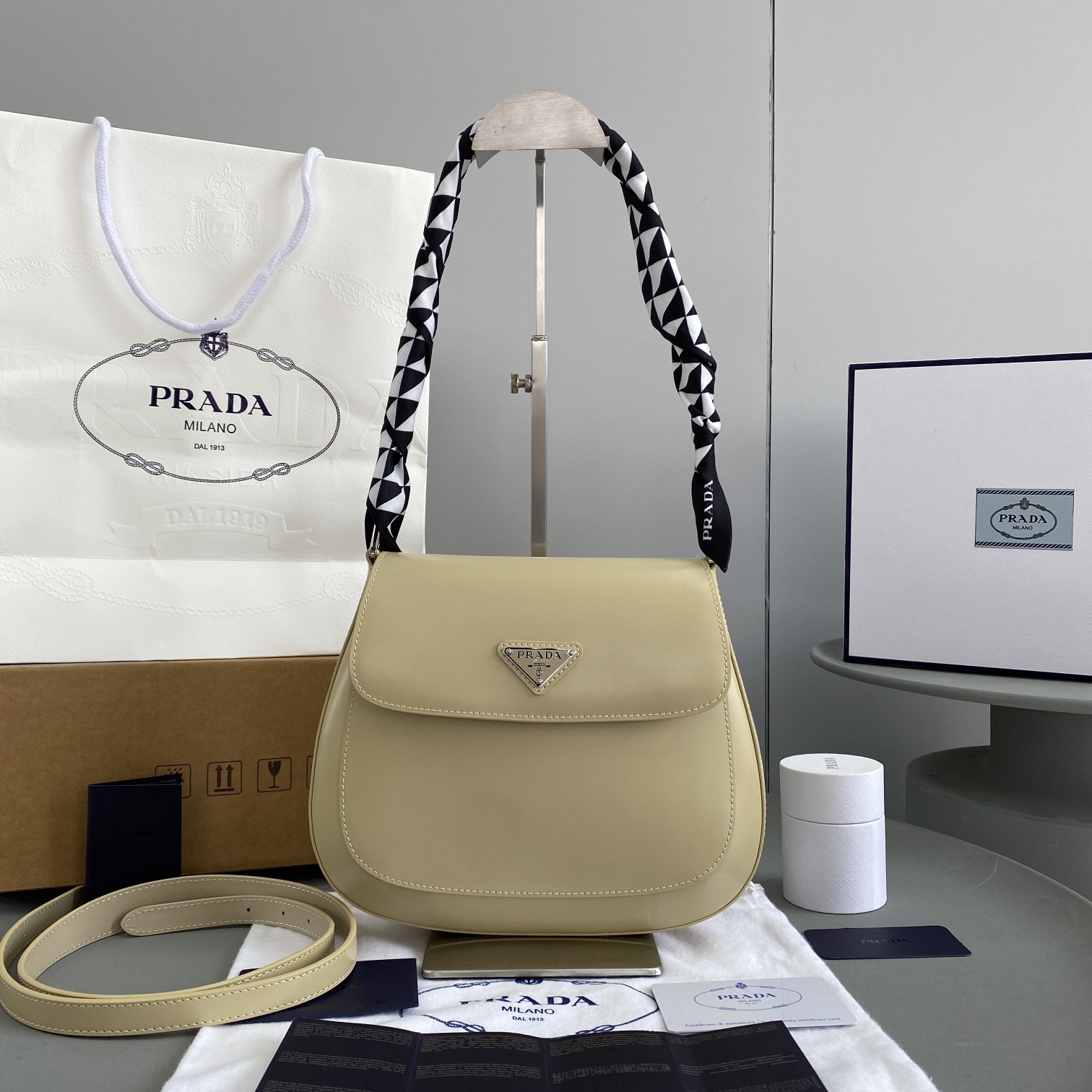 Prada Cleo Brushed Shoulder Bag With Flap Beige For Women, Women's Bags 9in/23cm