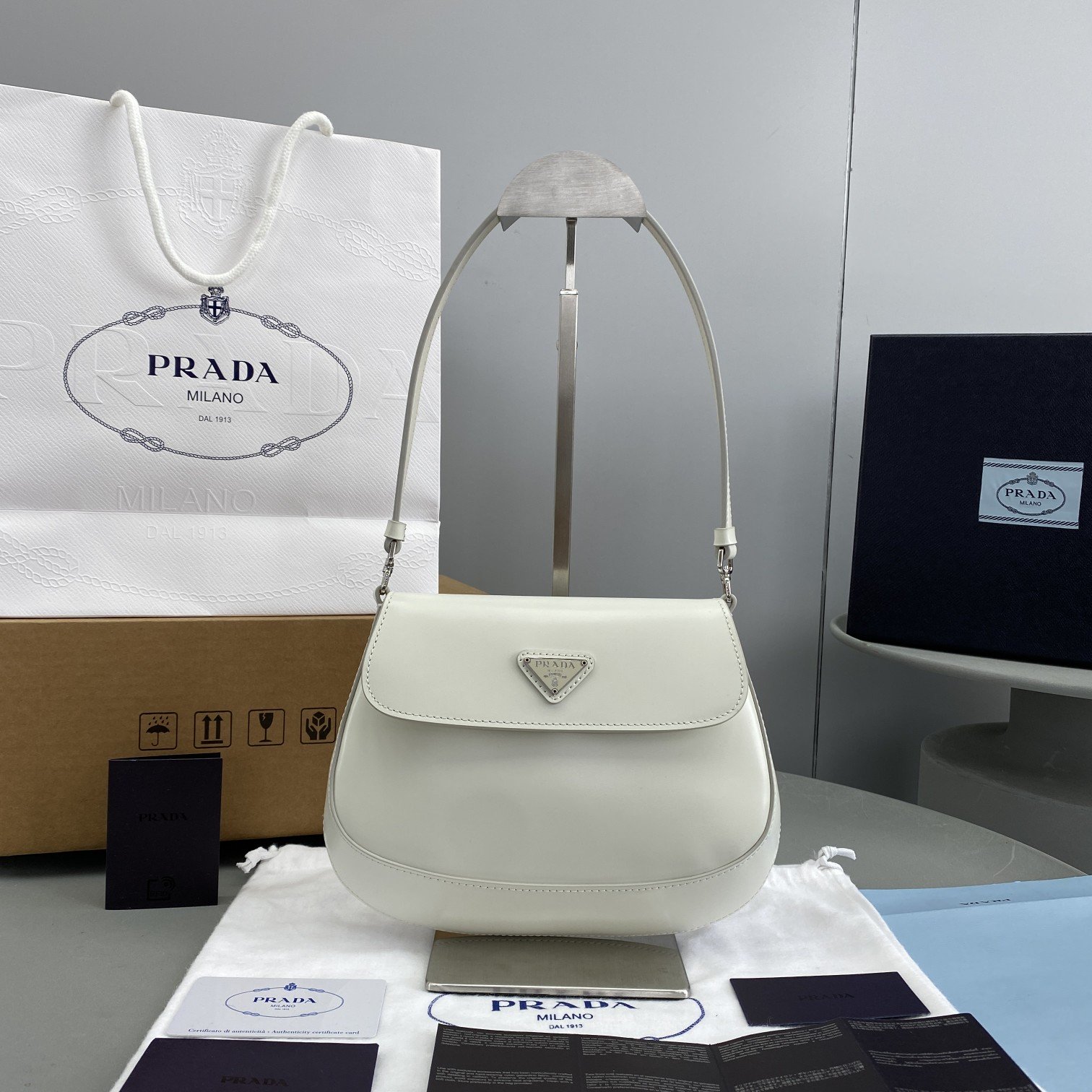 Prada Cleo Brushed Shoulder Bag With Flap White For Women, Women's Bags 8.6in/22cm 1BD311_ZO6_F0009_V_OOO