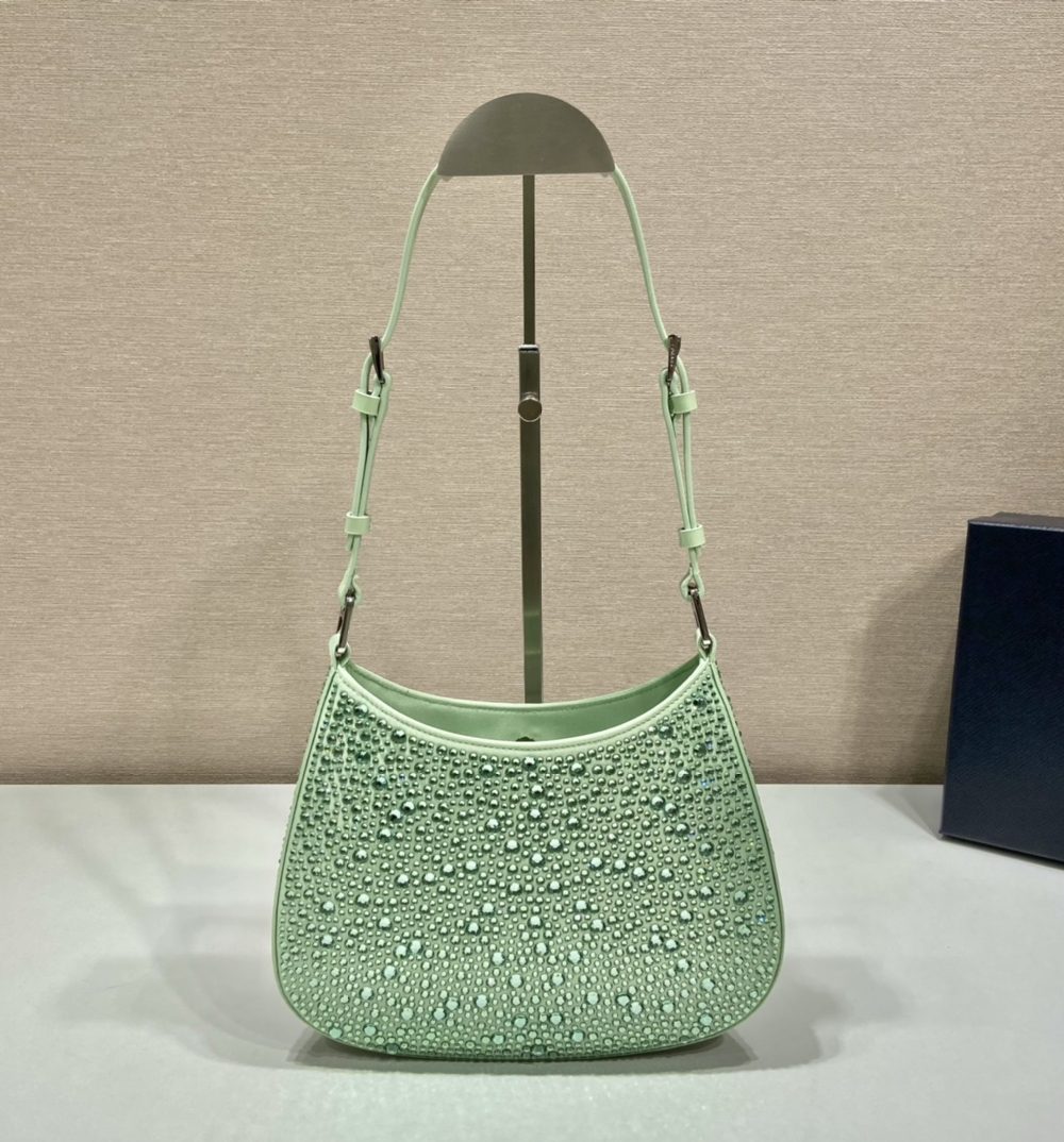 Prada Cleo Satin Bag With Crystals Beige For Women, Women's Bags 8.6in/22cm