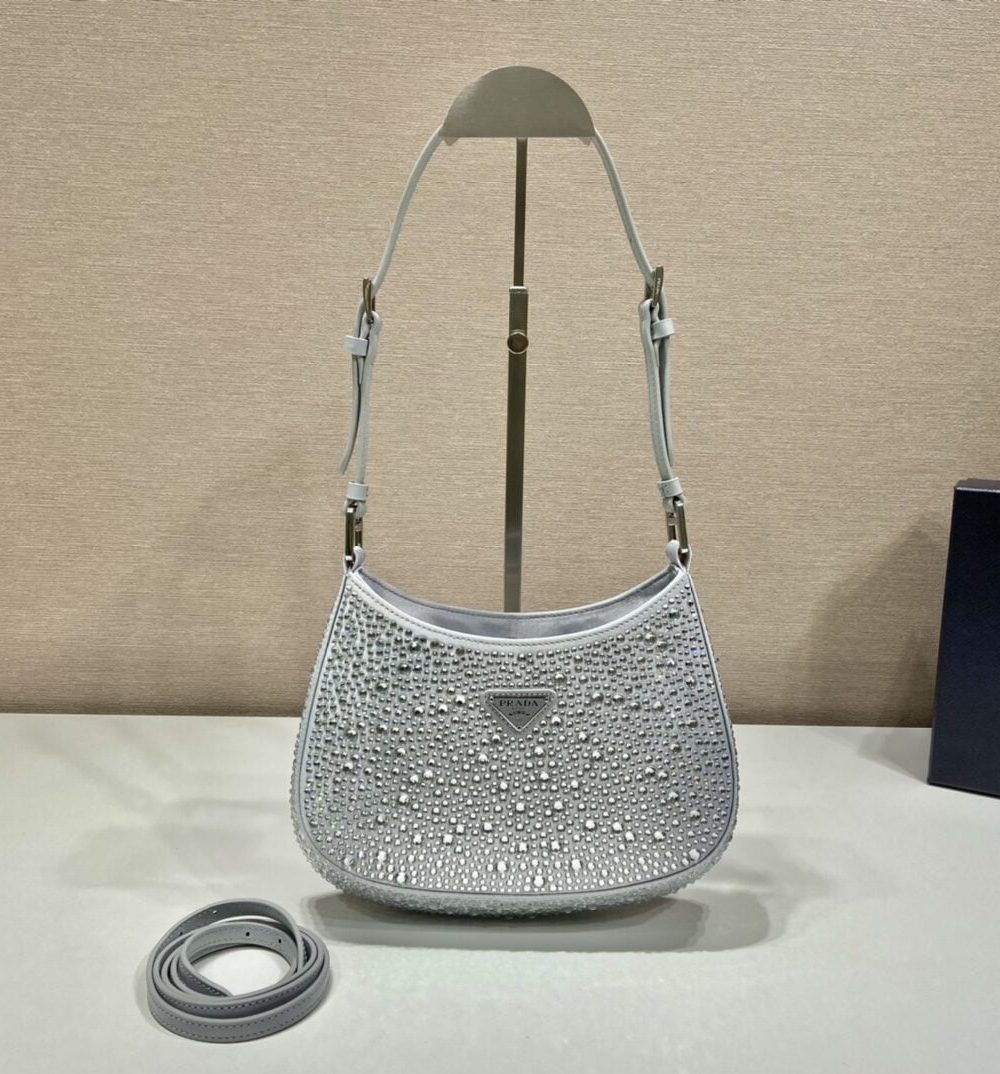 Prada Cleo Satin Bag With Crystals Silver For Women, Women's Bags 8.6in/22cm 1BC169_2AWL_F0934_V_HOO