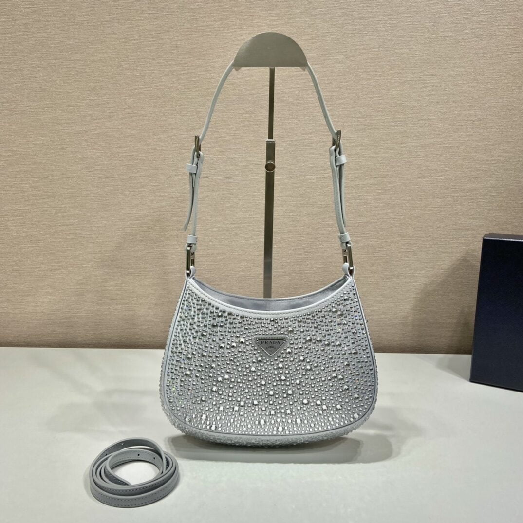 Prada Cleo Satin Bag With Crystals Silver For Women, Women's Bags 8.6in/22cm 1BC169_2AWL_F0934_V_HOO