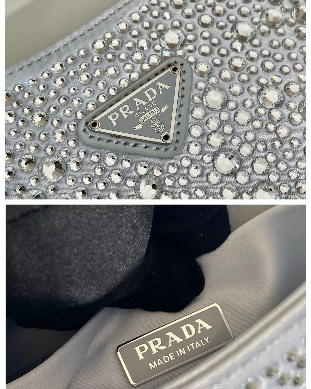 Prada Cleo Satin Bag With Crystals Silver For Women, Women's Bags 8.6in/22cm 1BC169_2AWL_F0934_V_HOO