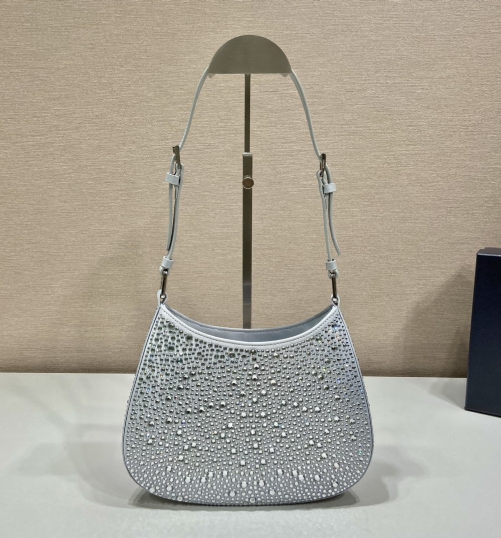 Prada Cleo Satin Bag With Crystals Silver For Women, Women's Bags 8.6in/22cm 1BC169_2AWL_F0934_V_HOO