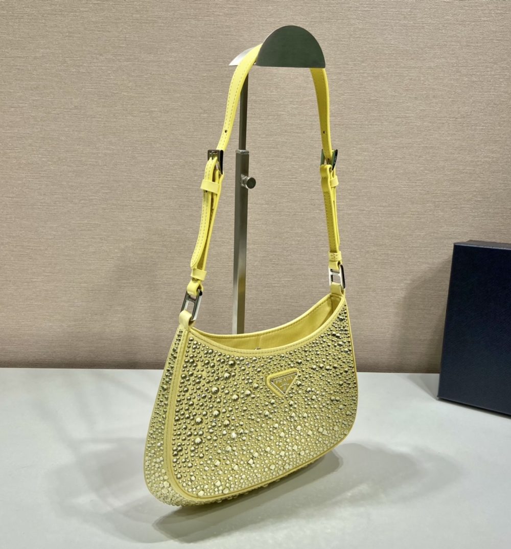 Prada Cleo Satin Bag With Crystals Yellow For Women, Women's Bags 8.6in/22cm 1BC169_2AWL_F068X_V_HOO