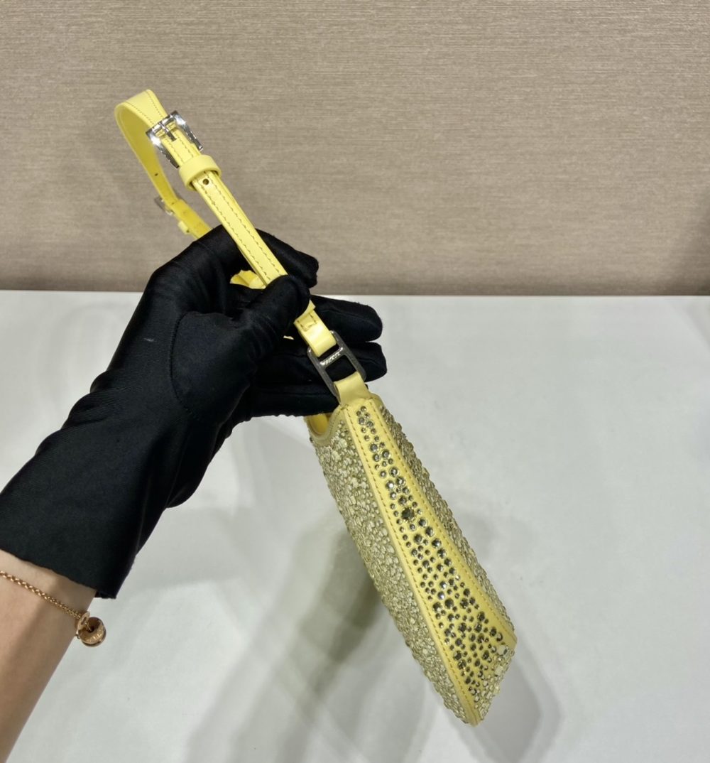 Prada Cleo Satin Bag With Crystals Yellow For Women, Women's Bags 8.6in/22cm 1BC169_2AWL_F068X_V_HOO