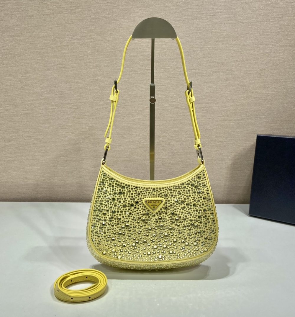 Prada Cleo Satin Bag With Crystals Yellow For Women, Women's Bags 8.6in/22cm 1BC169_2AWL_F068X_V_HOO