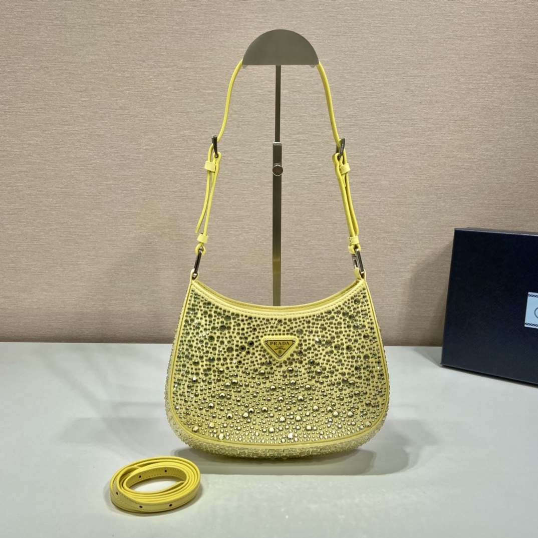 Prada Cleo Satin Bag With Crystals Yellow For Women, Women's Bags 8.6in/22cm 1BC169_2AWL_F068X_V_HOO