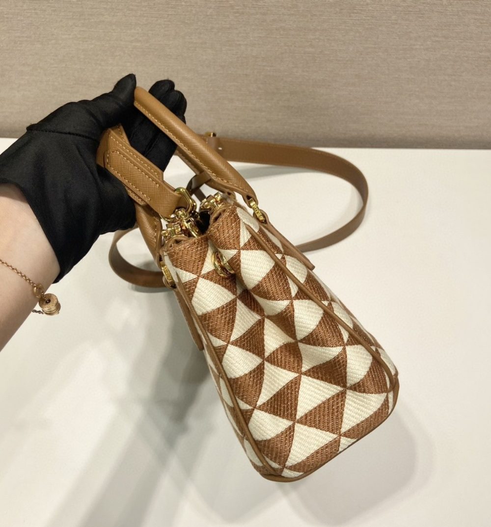 Prada Galleria Embroidered Jacquard Fabric Micro-Bag Brown/White For Women, Women's Bags 7.9in/20cm 1BA906_2FKL_F0I0U_V_XOM