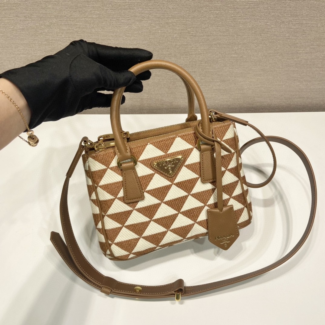 Prada Galleria Embroidered Jacquard Fabric Micro-Bag Brown/White For Women, Women's Bags 7.9in/20cm 1BA906_2FKL_F0I0U_V_XOM - Image 2