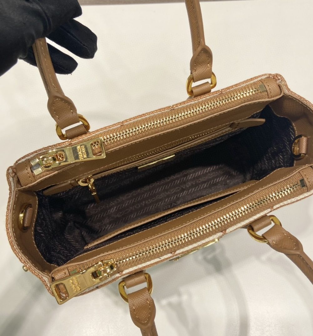 Prada Galleria Embroidered Jacquard Fabric Micro-Bag Brown/White For Women, Women's Bags 7.9in/20cm 1BA906_2FKL_F0I0U_V_XOM