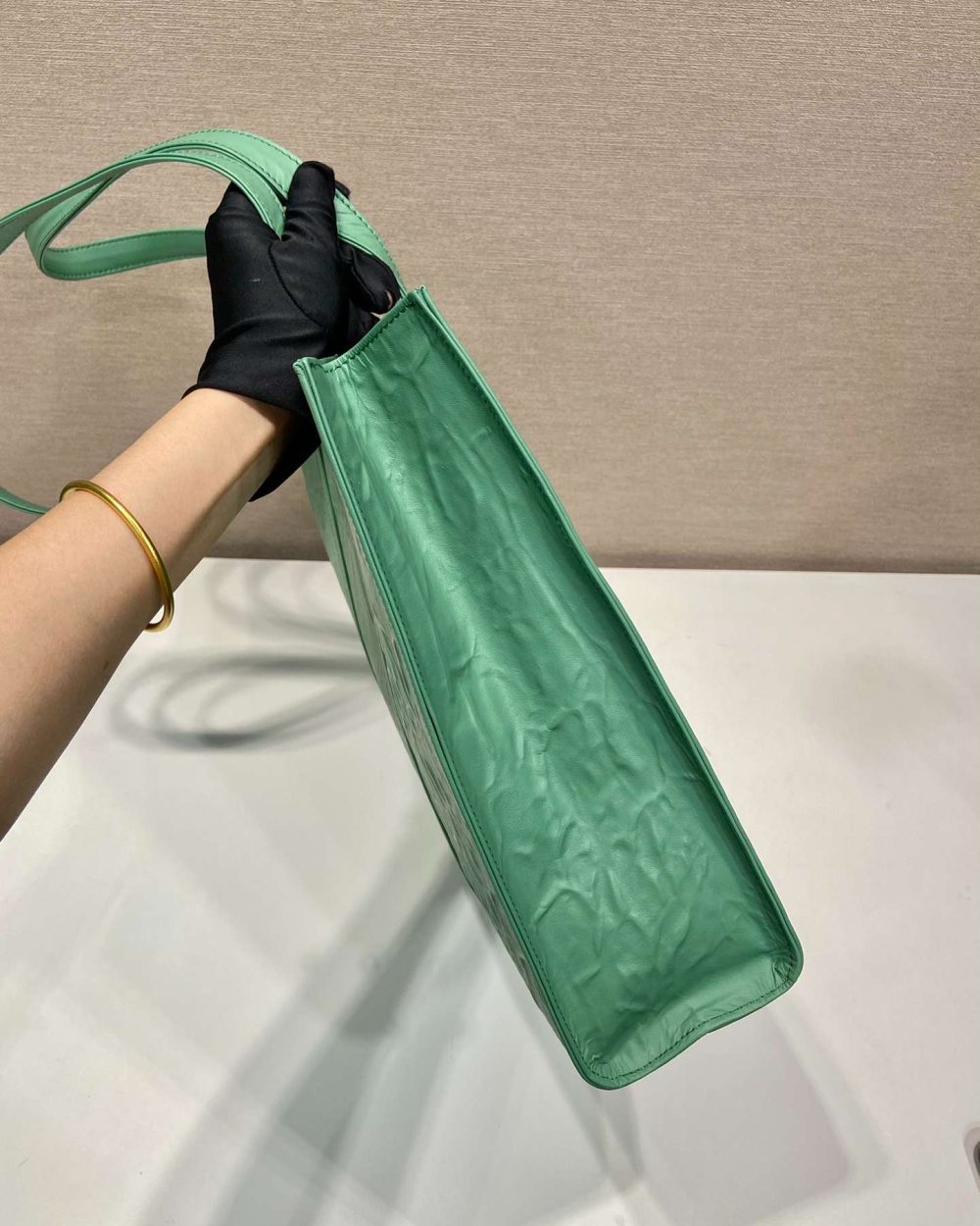 Prada Large Antique Nappa Tote Grey/Green For Women 15.3in/39cm 1BG460_UVL_F0480_V_OOO