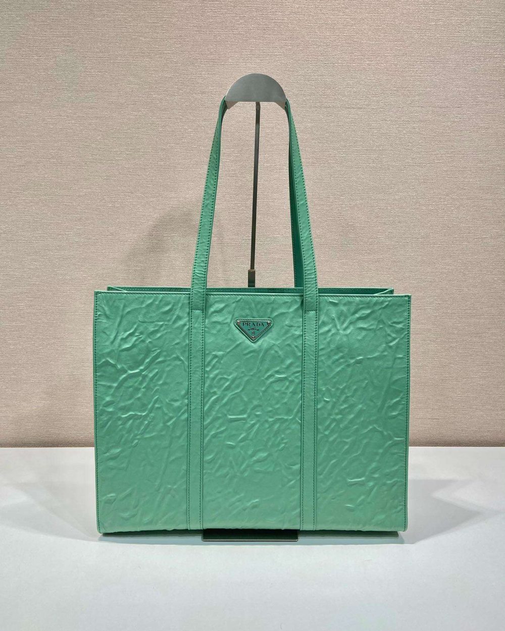 Prada Large Antique Nappa Tote Grey/Green For Women 15.3in/39cm 1BG460_UVL_F0480_V_OOO