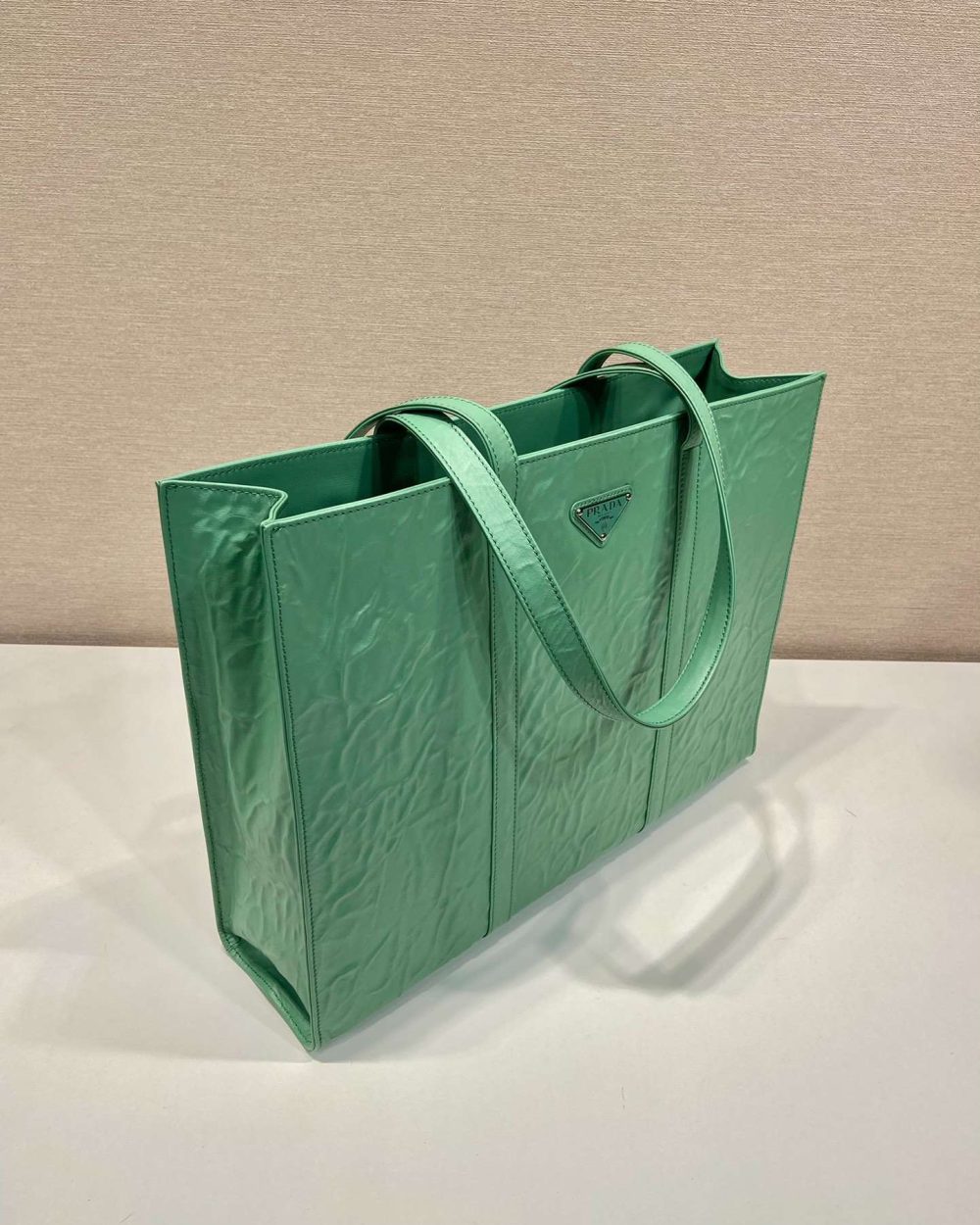 Prada Large Antique Nappa Tote Grey/Green For Women 15.3in/39cm 1BG460_UVL_F0480_V_OOO