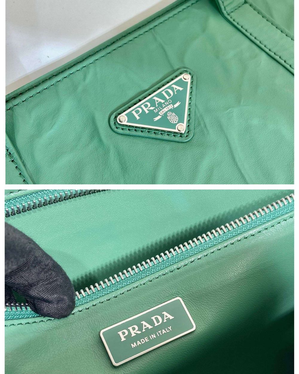 Prada Large Antique Nappa Tote Grey/Green For Women 15.3in/39cm 1BG460_UVL_F0480_V_OOO