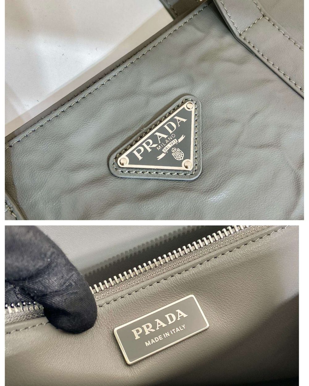 Prada Large Antique Nappa Tote Grey/Green For Women 15.3in/39cm 1BG460_UVL_F0480_V_OOO