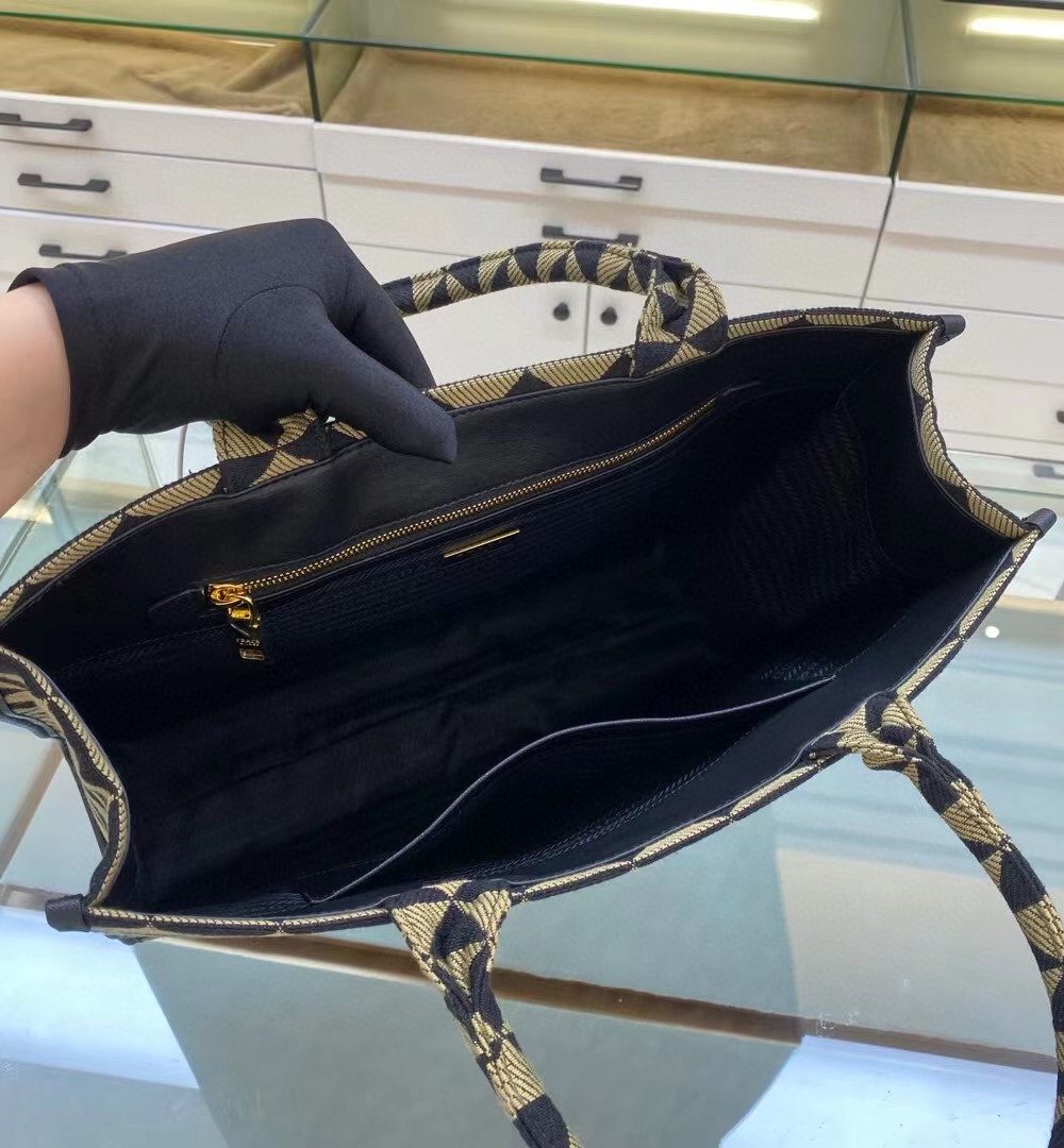 Prada Large Symbole Jacquard Fabric Handbag Black/Beige For Women, Women's Bags 15.3in/39cm 1BA356_2FKL_F0Y30_V_OOO