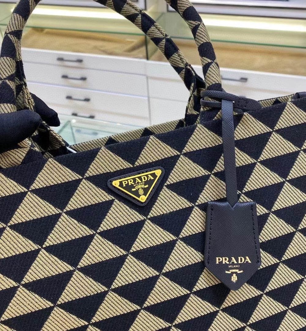 Prada Large Symbole Jacquard Fabric Handbag Black/Beige For Women, Women's Bags 15.3in/39cm 1BA356_2FKL_F0Y30_V_OOO
