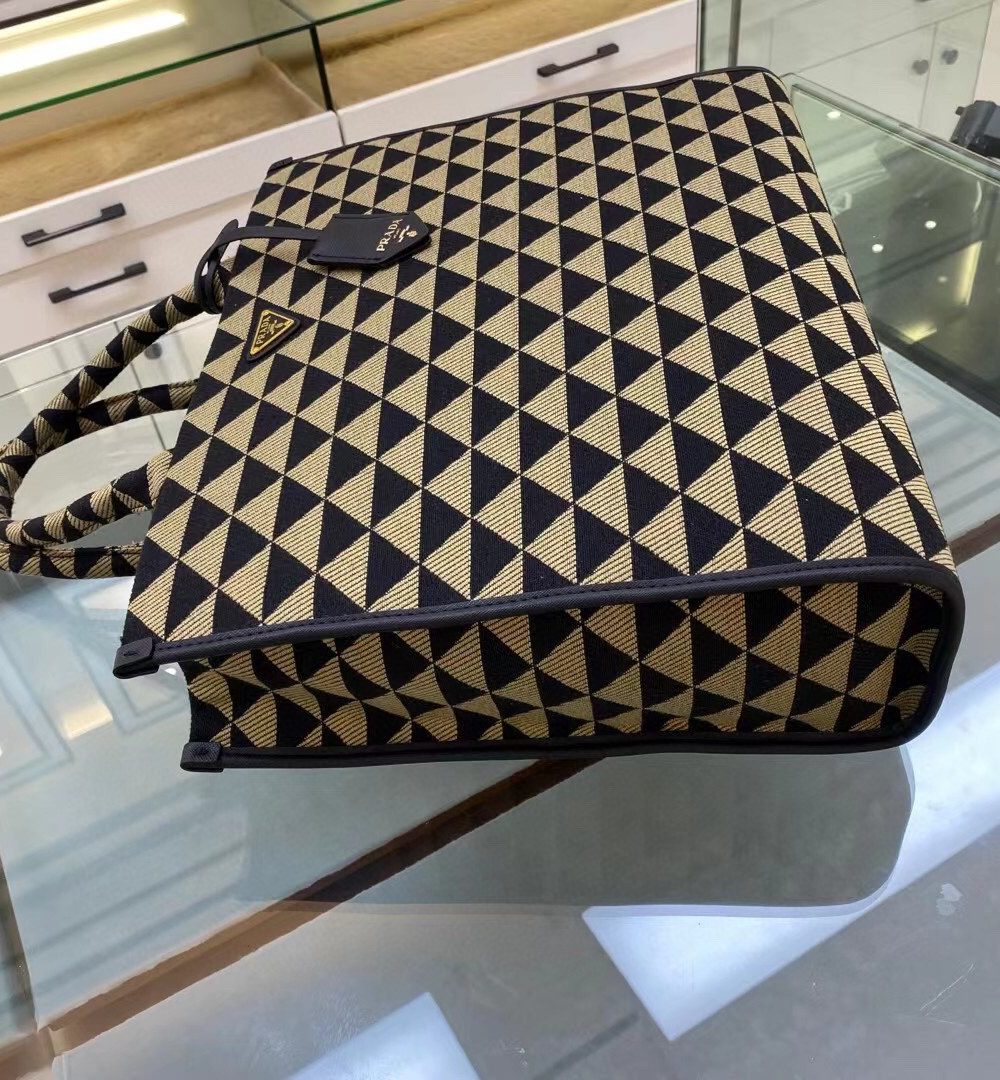 Prada Large Symbole Jacquard Fabric Handbag Black/Beige For Women, Women's Bags 15.3in/39cm 1BA356_2FKL_F0Y30_V_OOO