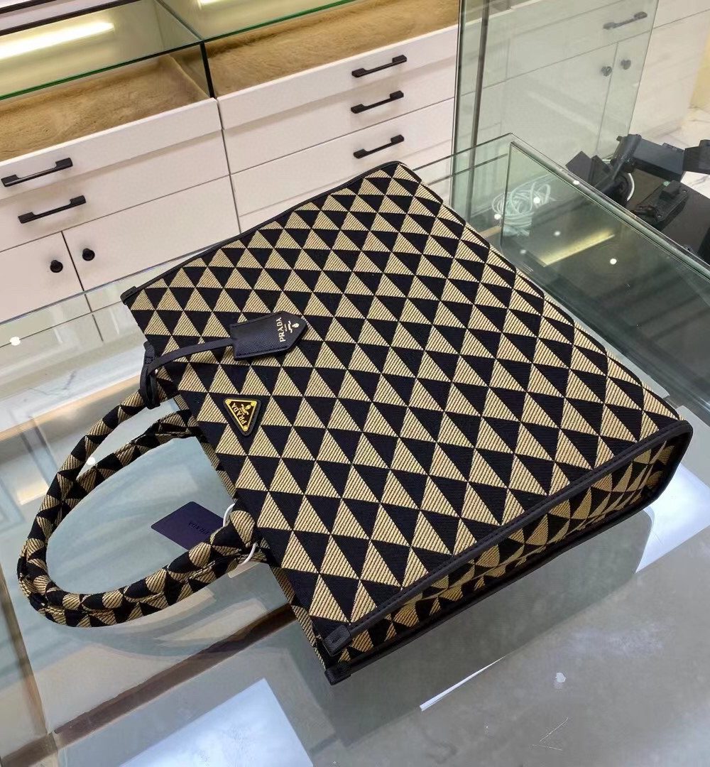 Prada Large Symbole Jacquard Fabric Handbag Black/Beige For Women, Women's Bags 15.3in/39cm 1BA356_2FKL_F0Y30_V_OOO