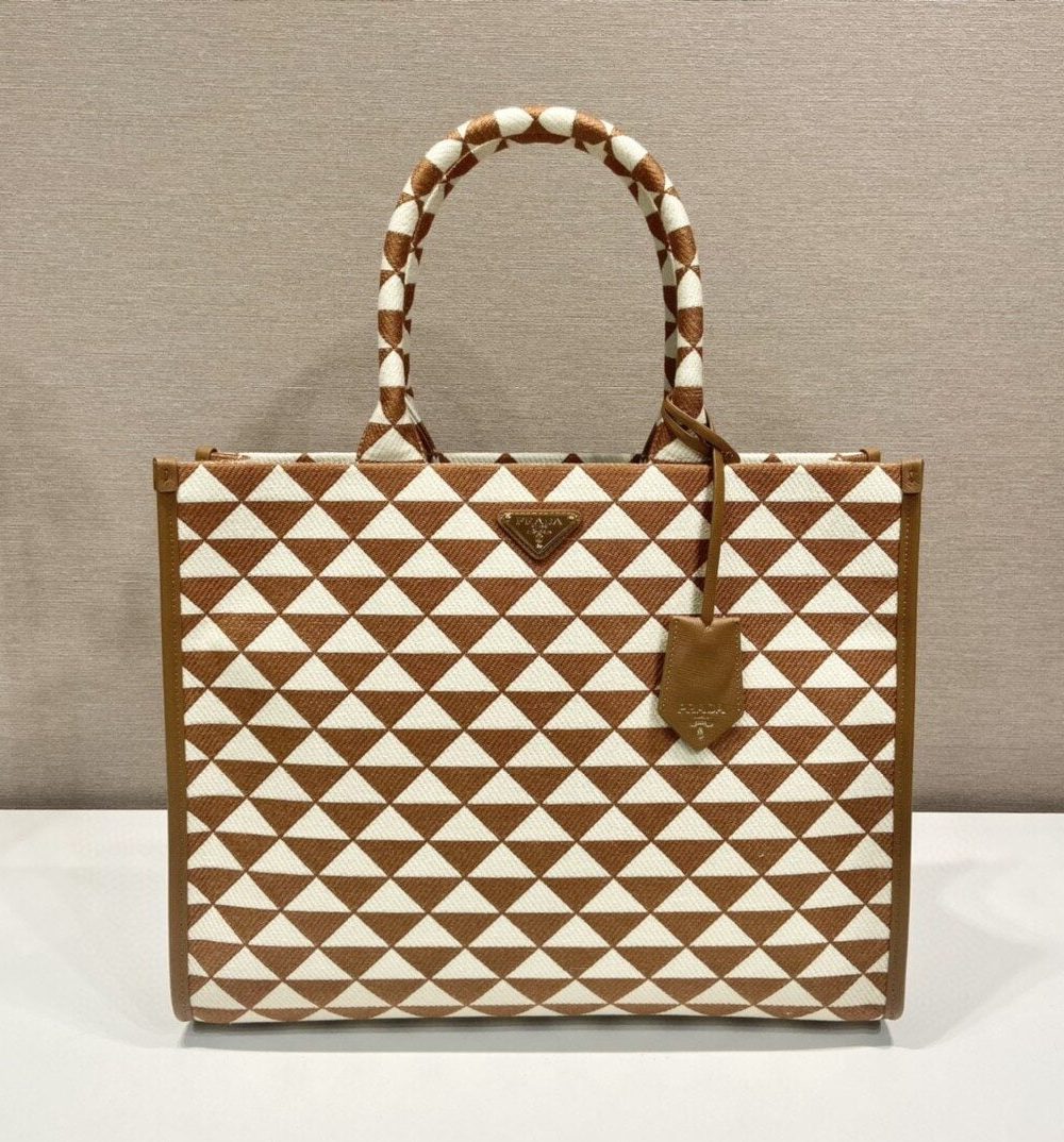Prada Large Symbole Jacquard Fabric Handbag Brown/White For Women, Women's Bags 15.3in/39cm 1BA356_2FKL_F0I0U_V_OOO